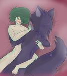  2016 5_fingers 5_toes anthro barefoot bed black_nose blood blush breasts canine digital_drawing_(artwork) digital_media_(artwork) duo e-01_(artist) feet female fur green_eyes green_hair hair human human_on_anthro interspecies k.i.m_(character) male male/female mammal multicolored_fur nude on_bed open_mouth penetration purple_fur pussy sex simple_background text toes tongue two_tone_fur vaginal vaginal_penetration wolf zero_one_(character) 