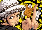  alsea bepo black_hair commentary_request earrings facial_hair hat jewelry looking_at_viewer male_focus middle_finger multiple_boys one_piece penguin_(one_piece) shachi_(one_piece) smile standing standing_on_one_leg trafalgar_law 