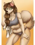  2016 black_nose brown_hair canine clothing dog eyewear female flower flower_in_hair freckles fur glasses green_eyes hair hi_rez husky kyotokisha15 leaining_over leila_snowpaw looking_at_viewer mammal plant swimsuit tan_fur towel 