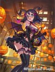  alternate_costume black_gloves black_hair breasts commentary_request dress elbow_gloves flower garter_straps garters glasses gloves hair_flower hair_ornament halloween horns jack-o'-lantern luck_&amp;_logic matsui_hiroaki medium_breasts official_art solo thighhighs yurine_tamaki 