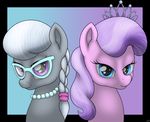  2016 blue_eyes conscious-aberration crown diamond_tiara_(mlp) duo earth_pony equine eyewear female feral friendship_is_magic fur glasses gradient_background grey_fur hair horse jewelry looking_at_viewer mammal multicolored_hair my_little_pony necklace pink_fur pony portrait purple_eyes silver_spoon_(mlp) simple_background smile tiara two_tone_hair young 