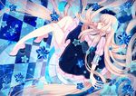  2016 absurdly_long_hair aque_shen_lei artist_name bad_id bad_pixiv_id blonde_hair blue_background chii chobits closed_eyes dress hair_ornament high_heels long_hair pink_footwear shoes solo very_long_hair watermark 