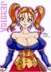  breasts brown_eyes cleavage dragon_quest dragon_quest_heroes dragon_quest_heroes_ii dragon_quest_viii dress earrings gengoro_akemori jessica_albert jewelry large_breasts long_hair red_hair solo twintails 