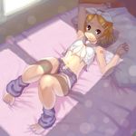  armpits barefoot bed blonde_hair bow crop_top crop_top_overhang feet hair_bow hair_ornament hairclip highres kagamine_rin leg_warmers looking_at_viewer lying midriff navel on_back open_fly pillow purple_eyes sailor_collar short_hair shorts smile solo soon tattoo toes vocaloid 