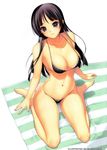  bare_legs bare_shoulders beach_towel bikini black_hair blush breasts cleavage grey_eyes highres iruma_kamiri large_breasts long_hair looking_at_viewer looking_up non-web_source original simple_background sitting smile solo striped_towel swimsuit towel 