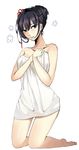  bangs barefoot black_hair closed_mouth full_body green_eyes kneeling looking_at_viewer naked_towel persona persona_5 ranaruta simple_background smile soles solo tougou_hifumi towel white_background white_towel 