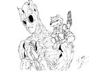  alien anthro black_and_white clothed clothing digital_media_(artwork) flower groot guardians_of_the_galaxy gun laser_gun male mammal marvel monochrome plant raccoon ranged_weapon rocket_raccoon size_difference thepainfultruth tree weapon 