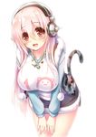  :d black_skirt blush breasts commentary_request cowboy_shot fur_trim headphones jewelry large_breasts leaning_forward long_hair necklace nitroplus open_clothes open_mouth open_vest pink_hair pom_pom_(clothes) red_eyes shirt skirt smile solo star super_sonico syroh tail tiger_tail v_arms vest 