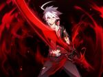  :| ahoge alternate_eye_color alternate_hair_color belt blade blazblue blazblue:_bloodedge_experience blazblue:_central_fiction blood closed_mouth game_cg highres male_focus naoto_kurogane official_art red_eyes solo torn_clothes v-shaped_eyebrows weapon white_hair 