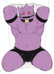  2013 anthro armpit_hair armpits barefoot bdsm biceps bit_gag blush bondage bound briefs bulge chest_tuft clothed clothing collar edit front_view fur gag gagged gengar hands_behind_head kneeling kokuhane kokuhane_(character) line_art looking_at_viewer male monochrome muscular nintendo pok&eacute;mon simple_background sketch solo submissive teeth topless tuft underwear video_games white_background 