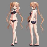 3d adapted_costume arm_at_side armpits arms_at_sides ass bare_arms bare_legs bare_shoulders bikini black_bikini black_ribbon breasts brown_hair cel_shading cleavage closed_mouth flat_ass full_body grey_background hair_ribbon highres kantai_collection long_hair looking_at_viewer looking_back medium_breasts multiple_views murasame_(kantai_collection) navel no_legwear no_socks ponpu-chou profile red_eyes ribbon sandals simple_background smile standing stomach swimsuit twintails very_long_hair wavy_hair 
