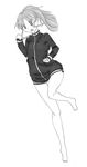  1girl bare_legs barefoot bottomless female full_body long_sleeves monochrome naked_track_jacket no_panties no_pants saki simple_background solo takakamo_shizuno white_background 