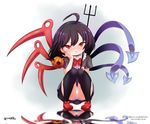  1girl black_hair black_legwear blush born-to-die bow child female full_body houjuu_nue looking_at_viewer panties pumpkin shiny shiny_hair shoes socks solo squatting touhou trident underwear white_panties wings 