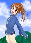  1girl ass bare_legs bottomless female long_sleeves naked_track_jacket no_panties no_pants outdoors saki sky solo takakamo_shizuno 