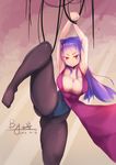  1girl absurdres animal_ears armpits arms_up black_legwear breasts cat_ears cleavage da_shou feet female large_breasts leg_lift legs leotard long_hair looking_at_viewer pantyhose purple_eyes purple_hair solo standing thick_thighs thighs tied 
