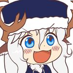  :3 :d animal_ears antlers blue_eyes blush_stickers chibi dot_nose fangs fur_trim gyate_gyate hair_between_eyes hat monster_girl monster_girl_encyclopedia non-web_source open_mouth simple_background smile solo upper_body v-shaped_eyebrows white_background white_hair white_horn_(monster_girl_encyclopedia) winter_clothes 
