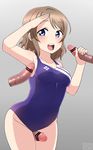  1girl 3boys blue_eyes blush breasts brown_hair groin handjob love_live! love_live!_sunshine!! multiple_boys penis small_breasts swimsuit watanabe_you 