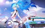  aqua_eyes aqua_hair ass audi audi_r8 blurry breasts car cherry_blossoms cloud cloudy_sky cowboy_shot day depth_of_field elbow_gloves gloves goodsmile_company goodsmile_racing ground_vehicle hatsune_miku headphones headset highres long_hair looking_back max_factory medium_breasts motor_vehicle race_queen racing_miku racing_miku_(2014) sky smile solo sun thighhighs twintails very_long_hair vocaloid yijian_ma 