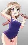  1girl 3boys blue_eyes blush breasts brown_hair cum cum_in_mouth facial groin handjob love_live! love_live!_sunshine!! multiple_boys penis small_breasts swimsuit watanabe_you 