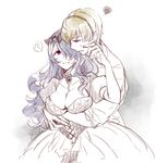  1girl ? breasts brother_and_sister camilla_(fire_emblem_if) circlet cleavage dress fire_emblem fire_emblem_if hair_over_one_eye hairband hug large_breasts leon_(fire_emblem_if) long_hair looking_at_another purple_eyes siblings simple_background smile tokusa_riko waist_hug white_background 