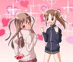  2girls atarashi_ako bare_legs bottomless female gradient gradient_background long_sleeves multiple_girls naked_track_jacket no_panties no_pants saki school_uniform skirt takakamo_shizuno uniform yuri 