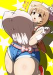  :o bouncing_breasts breasts brown_eyes brown_hair covered_nipples gloves huge_breasts looking_at_viewer narusawa_ryouka occultic;nine open_mouth pororokka_(macareo) short_hair short_shorts shorts solo star thick_thighs thighs translated v-shaped_eyebrows white_gloves yellow_background 