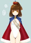  arle_nadja arms_behind_back ass_visible_through_thighs brown_hair cape cowboy_shot crown fur-trimmed_cape fur_trim half_updo highleg highleg_swimsuit highres looking_at_viewer madou_monogatari michio_(fuelmeter) puyopuyo sash short_hair side_ponytail solo standing strapless strapless_swimsuit swimsuit translation_request white_swimsuit 