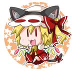  :3 :d animal_ears bell blonde_hair blush bow cat_ears cat_tail chibi commentary fake_animal_ears flandre_scarlet full_body hair_between_eyes hair_bow halloween hat jingle_bell looking_at_viewer mob_cap no_shoes noai_nioshi one_side_up open_mouth paw_print puffy_short_sleeves puffy_sleeves red_bow red_eyes short_sleeves simple_background smile solo star tail tail_bow touhou white_background white_legwear wings 
