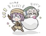  angeltype blush_stickers brown_eyes brown_hair candy chibi fang feena_(shingeki_no_bahamut) food granblue_fantasy hair_ornament hairclip hat hood jitome lollipop minigob multiple_girls o_o open_mouth pointy_ears sack smile translated 