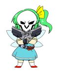  belt blue_dress chibi commentary cosplay crossover daiyousei dress dual_wielding face_mask fairy_wings fingerless_gloves full_body gloves green_hair gun hair_ribbon highres holding mask nazotyu overwatch pun reaper_(overwatch) reaper_(overwatch)_(cosplay) ribbon shotgun shotgun_shells side_ponytail touhou transparent_background weapon wings 