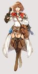  bag blue_eyes boots breasts brown_footwear brown_hair brown_legwear cape character_request cleavage cleavage_cutout garter_straps highres leather leather_boots makimura_shunsuke medium_breasts skirt solo thigh_boots thighhighs 