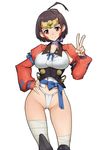  ass_visible_through_thighs bandaged_leg bandages bangs blue_ribbon bob_cut breasts brown_hair cameltoe choker closed_mouth collarbone contrapposto corset cowboy_shot fingernails fundoshi groin hand_on_hip head_tilt headpiece japanese_clothes kimono knee_pads koutetsujou_no_kabaneri large_breasts leg_wrap legs_apart loincloth long_sleeves looking_at_viewer mumei_(kabaneri) no_pants purple_ribbon red_eyes ribbon ribbon_choker ryusho sash short_hair simple_background sleeveless sleeveless_kimono smile solo standing tabi topknot underboob v white_background 