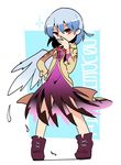  angel_wings bangs bow bowtie brown_footwear covering_mouth dress eyebrows_visible_through_hair feathered_wings feathers full_body grey_wings hand_on_hip hand_over_own_mouth hand_up highres jacket kishin_sagume long_sleeves looking_at_viewer moyazou_(kitaguni_moyashi_seizoujo) purple_dress purple_footwear red_eyes red_neckwear shoes short_hair silver_hair single_wing solo standing thats_not_it touhou translated white_wings wings 