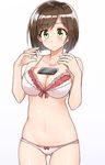  ass_visible_through_thighs bangs bare_arms blush bow bow_panties bra breasts brown_hair cellphone cleavage cowboy_shot eyebrows eyebrows_visible_through_hair green_eyes highres idolmaster idolmaster_cinderella_girls large_breasts looking_at_viewer maekawa_miku navel object_on_breast panties phone red_bow red_ribbon ribbon short_hair shunichi simple_background smartphone solo tawawa_challenge underwear underwear_only white_background white_bra white_panties 