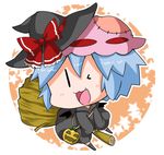 &gt;_o :3 ;d alternate_costume black_eyes black_legwear black_wings blue_hair blush bow broom broom_riding chibi commentary full_body hair_between_eyes halloween hat hat_bow jack-o'-lantern long_sleeves looking_at_viewer mob_cap no_shoes noai_nioshi one_eye_closed open_mouth red_bow remilia_scarlet short_hair simple_background smile solo star stitches touhou white_background wings witch witch_hat |_| 