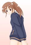  1girl bare_legs bottomless female gradient gradient_background long_sleeves naked_track_jacket no_panties no_pants saki solo takakamo_shizuno white_background 