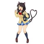  animal_ears bag bag_charm bell braid cardigan carrying carrying_bag cat_ears cat_tail charm_(object) full_body galko heart heart_tail highres jingle_bell kneehighs loafers long_hair long_sleeves multiple_tails navy_blue_legwear nekomata_(youkai_hyakki-tan!) official_art open_mouth plaid plaid_skirt pleated_skirt school_bag shoes shoulder_bag simple_background skirt solo tail twin_braids v white_background yellow_eyes youkai_hyakki-tan! 