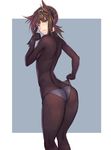  ass bodystocking bodysuit bodysuit_pull brown_hair covering covering_breasts green_eyes hair_flaps hairband hatsuzuki_(kantai_collection) kantai_collection looking_back panties short_hair solo underwear yuuji_(and) 