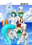  bare_legs blouse bow breasts bulbasaur charmander cleavage cloud commentary day drill_hair eating fishing_rod food gen_1_pokemon gen_2_pokemon gen_3_pokemon hat hat_bow head_fins highres kazami_yuuka lapras large_breasts marill mattari_yufi mermaid miniskirt monster_girl multiple_girls outdoors pokemon pokemon_(creature) puffy_short_sleeves puffy_sleeves sandals sandwich short_sleeves sitting skirt sky smile squirtle touhou trembling wakasagihime water white_blouse wingull 