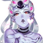  alternate_costume alternate_hair_color bad_id bad_pixiv_id bare_shoulders black_lipstick black_nails blown_kiss blurry choker collarbone dated depth_of_field diffraction_spikes earrings eyelashes fiodo head_mounted_display jewelry lipstick long_hair looking_at_viewer makeup nail_polish odette_widowmaker overwatch palms portrait purple_skin signature silver_hair simple_background solo stud_earrings white_background widowmaker_(overwatch) yellow_eyes 