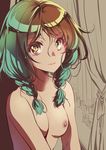  braid breasts brown_eyes brown_hair closed_mouth curtains expressionless green_hair hair_between_eyes indoors looking_at_viewer multicolored_hair nipples nude original senkyoushi_gondolf small_breasts solo twin_braids two-tone_hair upper_body 
