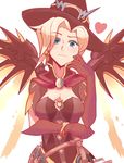  alternate_costume blonde_hair blue_eyes breasts cleavage earrings hat heart highres jack-o'-lantern jack-o'-lantern_earrings jewelry looking_at_viewer mechanical_wings medium_breasts mercy_(overwatch) overwatch sally_(luna-arts) smile solo upper_body wings witch_hat witch_mercy 