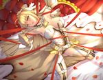  ahoge armpits belt blonde_hair breasts cleavage eyebrows eyebrows_visible_through_hair fate/extra fate/extra_ccc fate/grand_order fate_(series) genjung green_eyes highres kneeling large_breasts lock looking_at_viewer nero_claudius_(bride)_(fate) nero_claudius_(fate)_(all) padlock red_ribbon ribbon short_hair solo veil white_sleeves zipper 