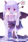  :d absurdres all_fours black_legwear blush checkered checkered_floor claw_pose demon_girl demon_horns demon_tail demon_wings fang heart highres horns long_hair looking_at_viewer natsu97 new_game! open_mouth purple_eyes purple_hair skindentation smile solo spoken_heart succubus suzukaze_aoba tail thighhighs twintails wings 