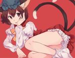  animal_ears bow bowtie brown_eyes brown_hair cat_ears cat_tail chen dress grey_hat hand_on_own_face hat jewelry juliet_sleeves long_sleeves looking_at_viewer lying mob_cap multiple_tails nekomata on_side parted_lips puffy_sleeves red_background red_dress short_hair single_earring socks solo tail touhou two_tails white_legwear yellow_bow yellow_neckwear yuusei_tsukiro 