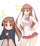  2girls atarashi_ako bare_legs bottomless female long_sleeves multiple_girls naked_track_jacket no_panties no_pants saki school_uniform simple_background skirt takakamo_shizuno uniform white_background 