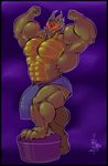  2016 anthro armpits biceps bulge demon dragon extrasizedbob fangs flexing grin horn jackie_chan_adventures male muscular pecs red_eyes scalie shendu solo stangind 