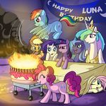  2011 applejack_(mlp) blonde_hair blue_feathers blue_fur cake candle cowboy_hat cutie_mark desk earth_pony english_text equine feathered_wings feathers female feral fire fluttershy_(mlp) food friendship_is_magic fur group hair hat horn horse madmax mammal multicolored_hair multicolored_tail my_little_pony orange_fur pegasus pink_fur pink_hair pinkie_pie_(mlp) pony princess_celestia_(mlp) princess_luna_(mlp) purple_fur purple_hair rainbow_dash_(mlp) rainbow_hair rainbow_tail rarity_(mlp) smoke text twilight_sparkle_(mlp) two_tone_hair unicorn white_fur winged_unicorn wings yellow_fur 