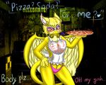  2016 animal_humanoid anthro avian beak blush breasts chica clothed clothing digital_media_(artwork) eyelashes feathered_wings feathers female five_nights_at_freddies gryphon hair hi_res humanoid kemono looking_at_viewer mammal milkteafox panties smile solo standing text underwear video_games wings 