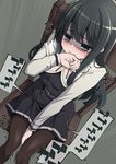  asashio_(kantai_collection) belt between_legs black_eyes black_hair blush brown_legwear chair commentary_request covering_mouth dress from_above hanauna hand_between_legs hand_to_own_mouth highres implied_vibrator kantai_collection knees_together_feet_apart long_hair long_sleeves neck_ribbon nose_blush pantyhose pinafore_dress red_ribbon remodel_(kantai_collection) ribbon school_uniform shaded_face sitting solo sweat trembling 